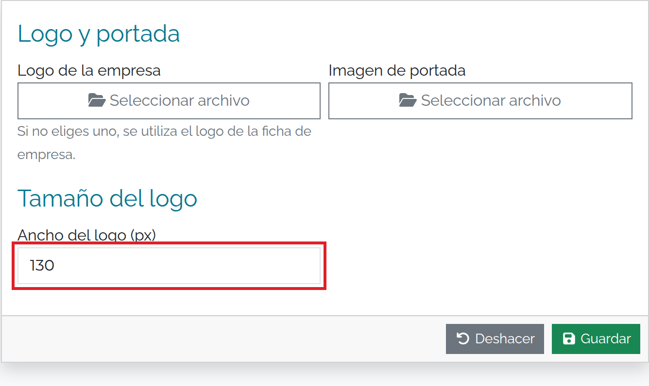 Logo y portada: selección de imágenes y ancho del logo.