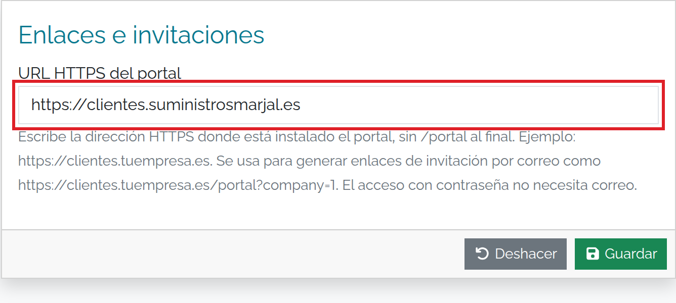 Dirección HTTPS base para los enlaces del portal.