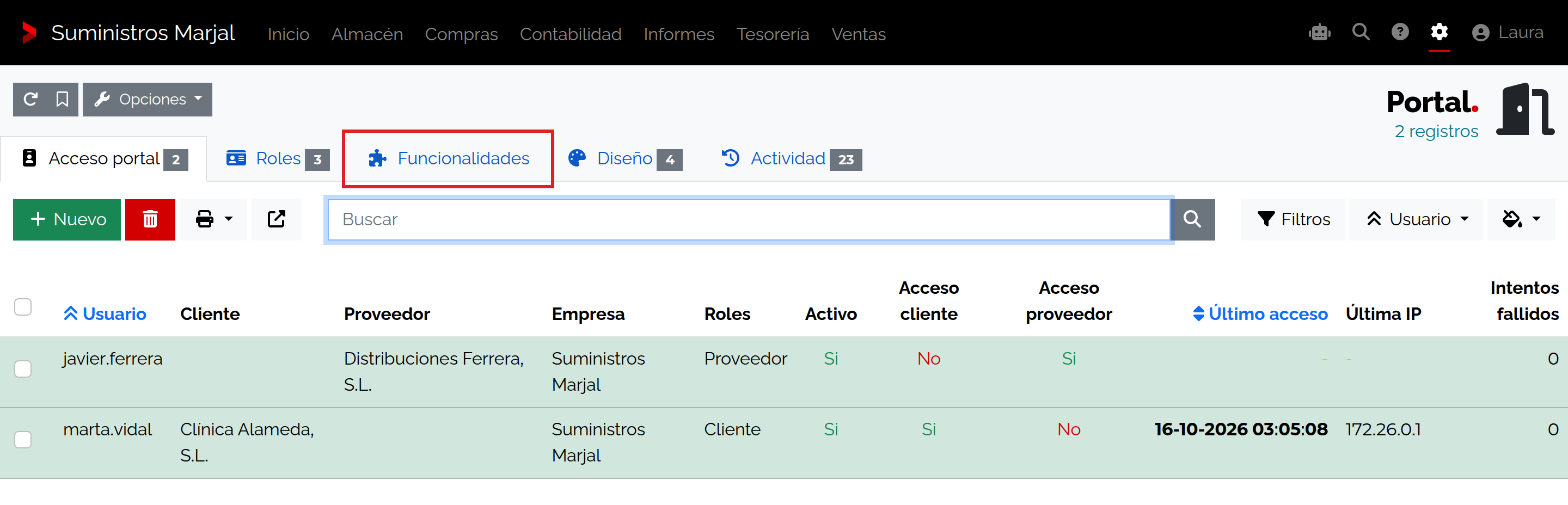 Ubicación de Funcionalidades junto a los accesos del portal.