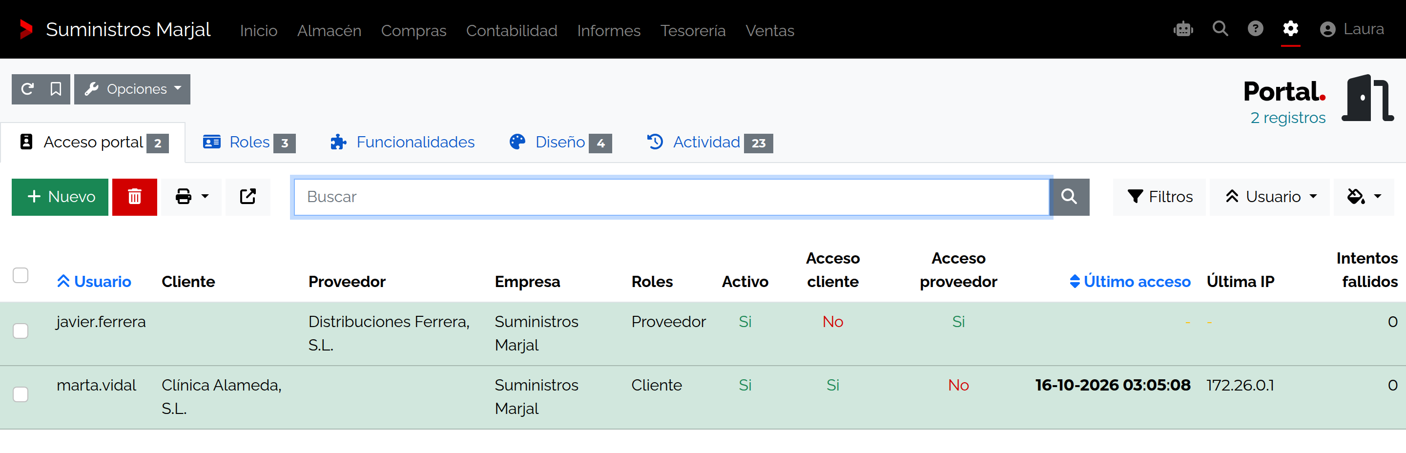 Accesos de Clínica Alameda y Distribuciones Ferrera en el portal.