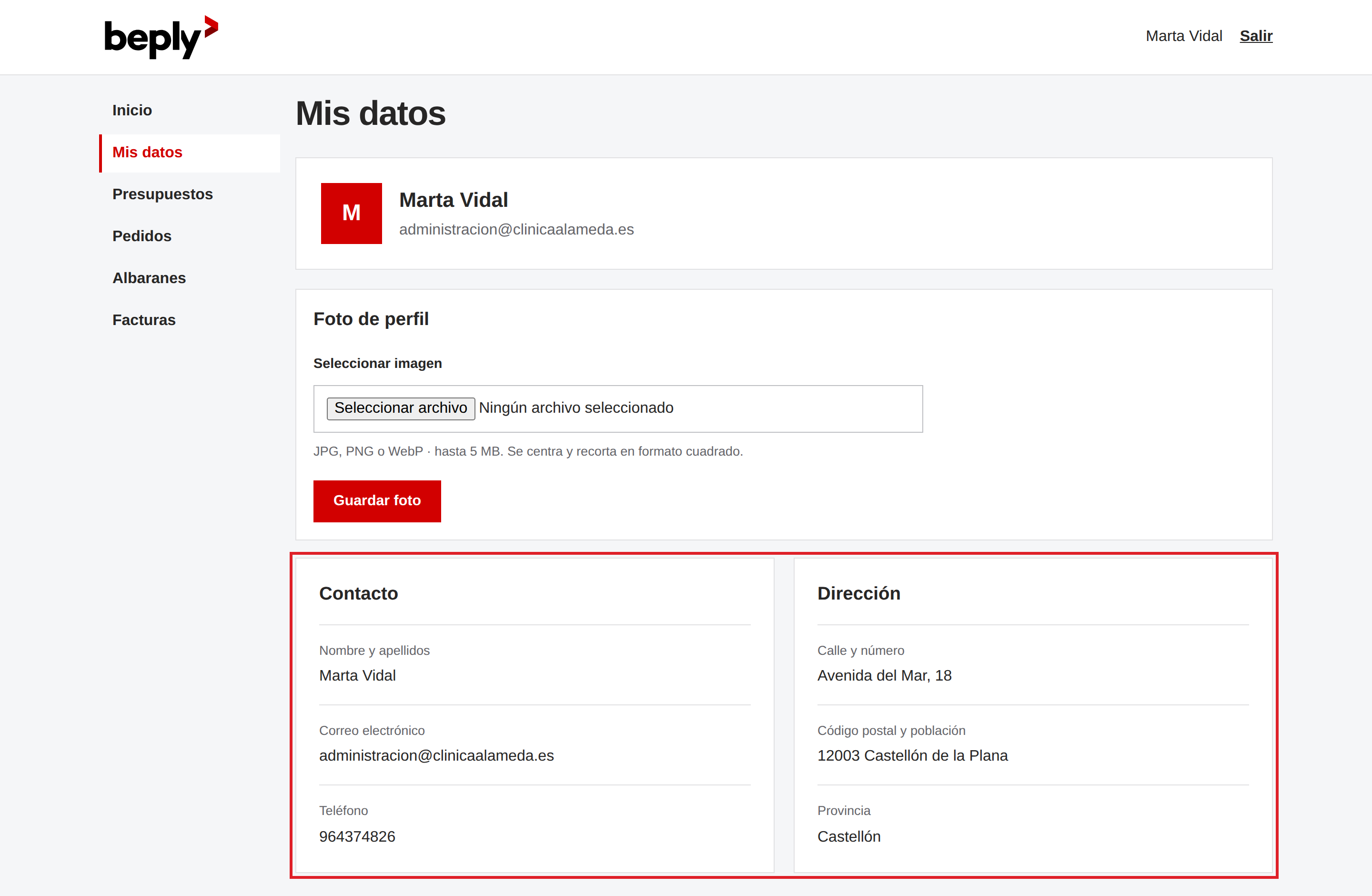 Contacto y dirección de Marta Vidal en el portal.