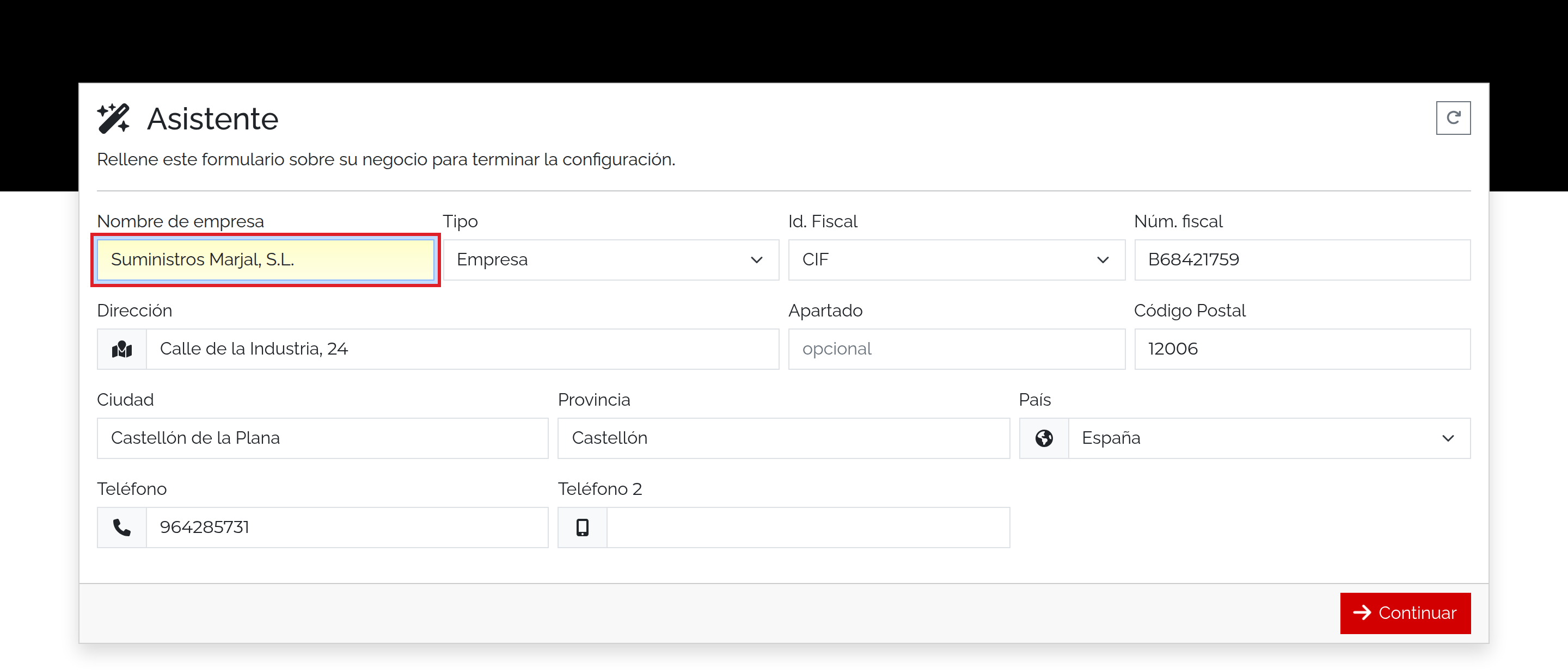 Asistente inicial de configuración de la empresa con los datos de Suministros Marjal.