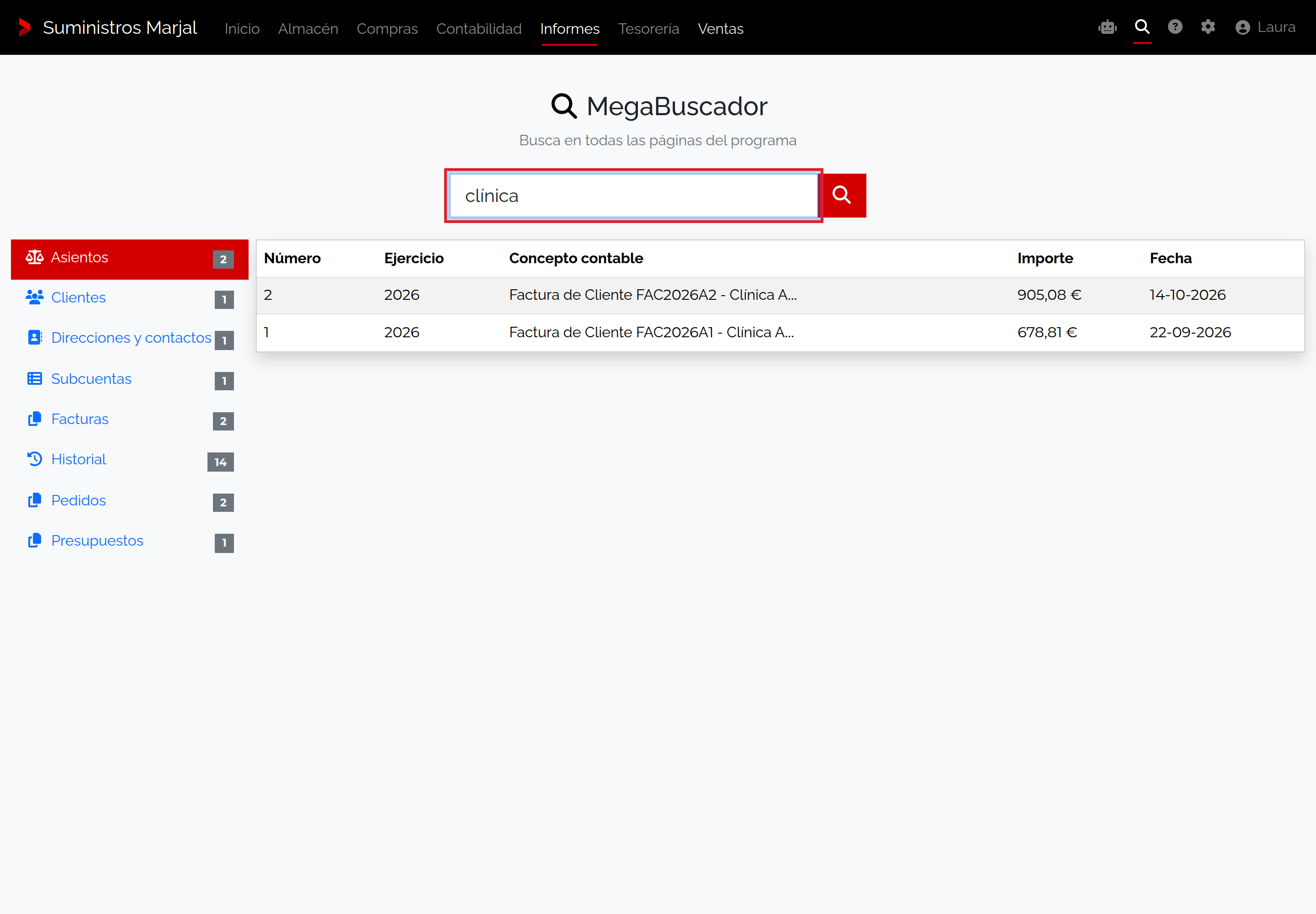 Buscador global con resultados agrupados para un cliente.