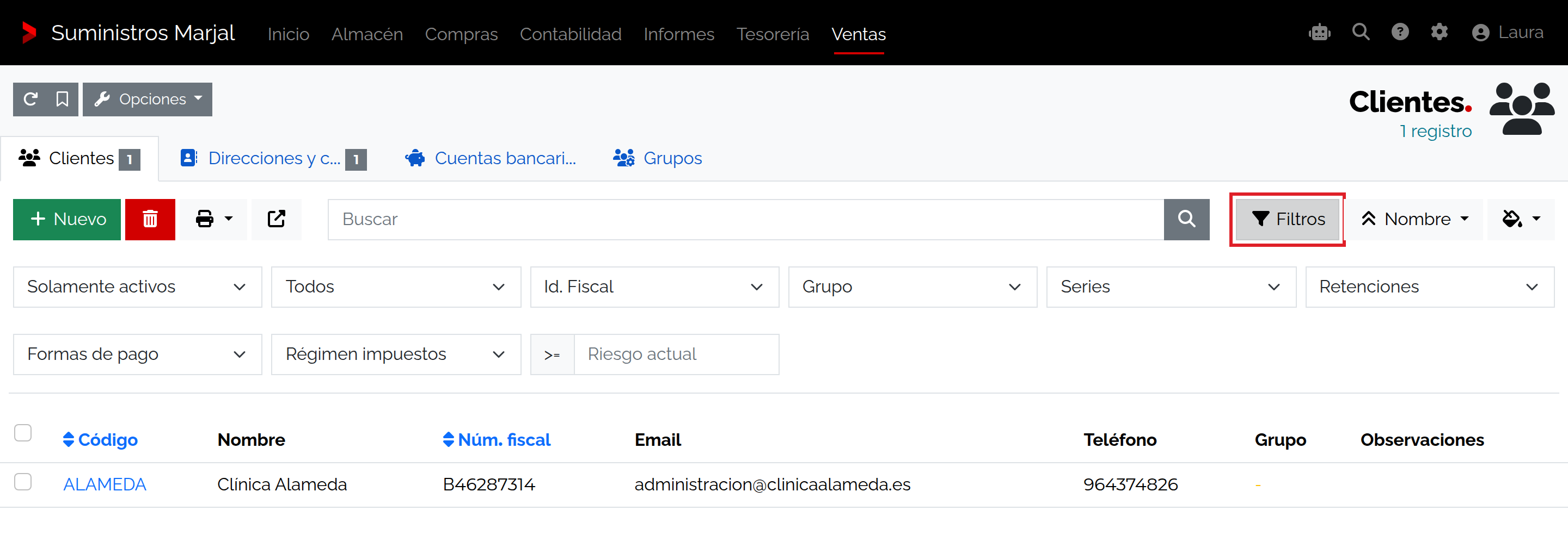 Panel de filtros sobre el listado de facturas.