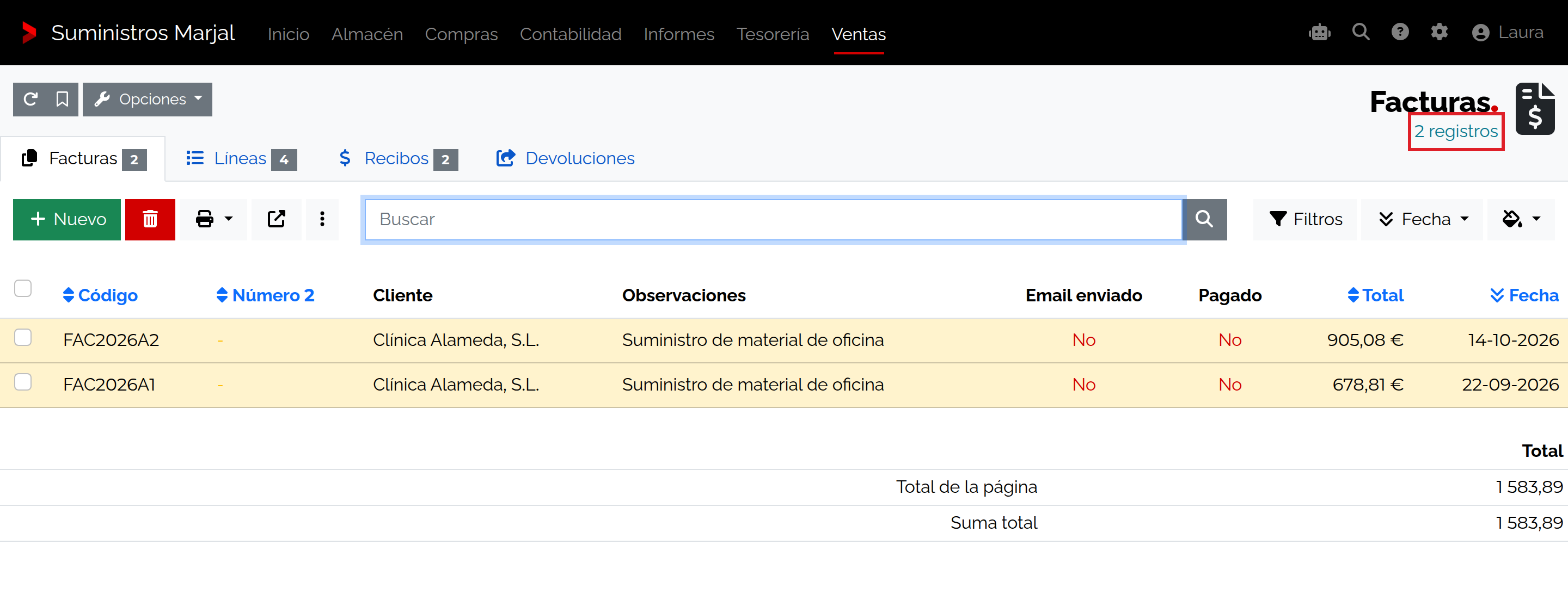 Listado de facturas de venta con el subtítulo de registros.