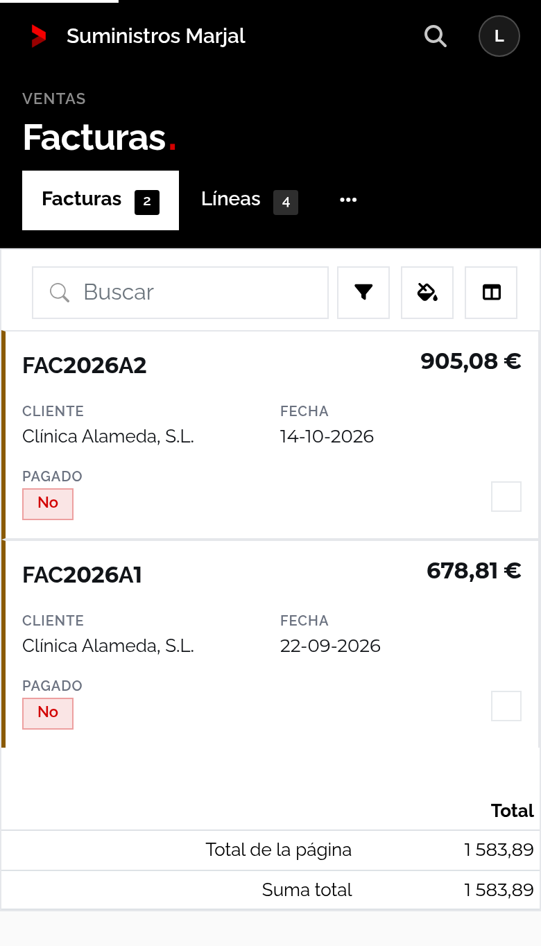 Vista del listado en el ancho de un móvil.