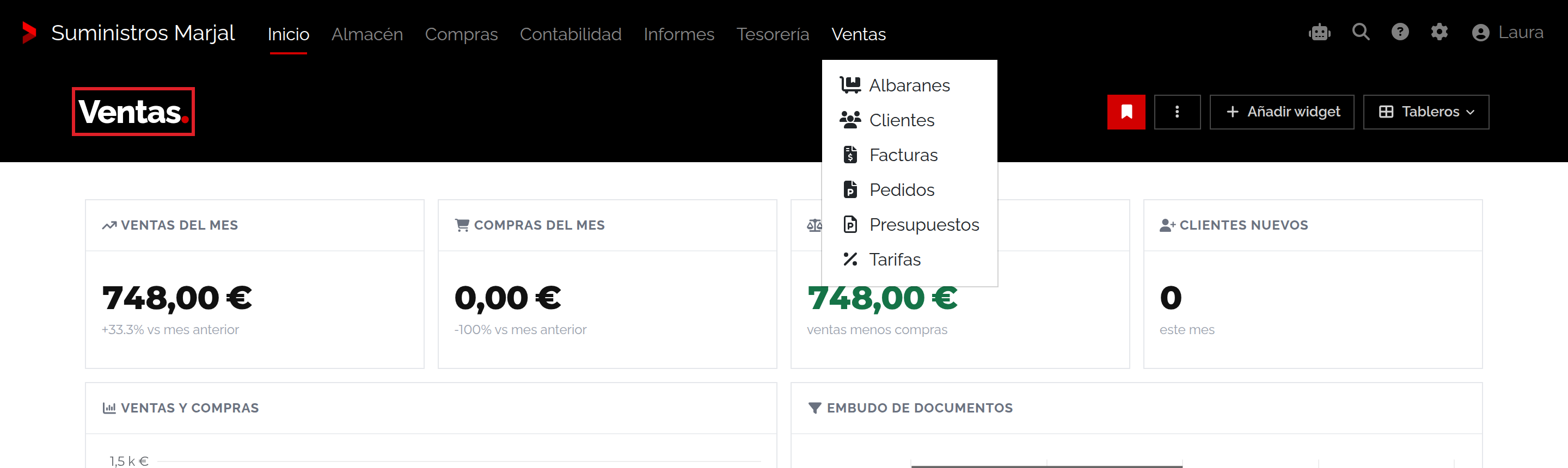 Menú desplegado con las secciones y pantallas del programa.