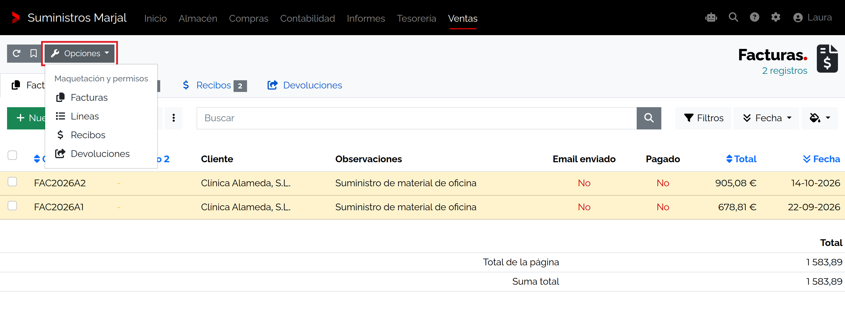Opciones de página del listado de facturas.