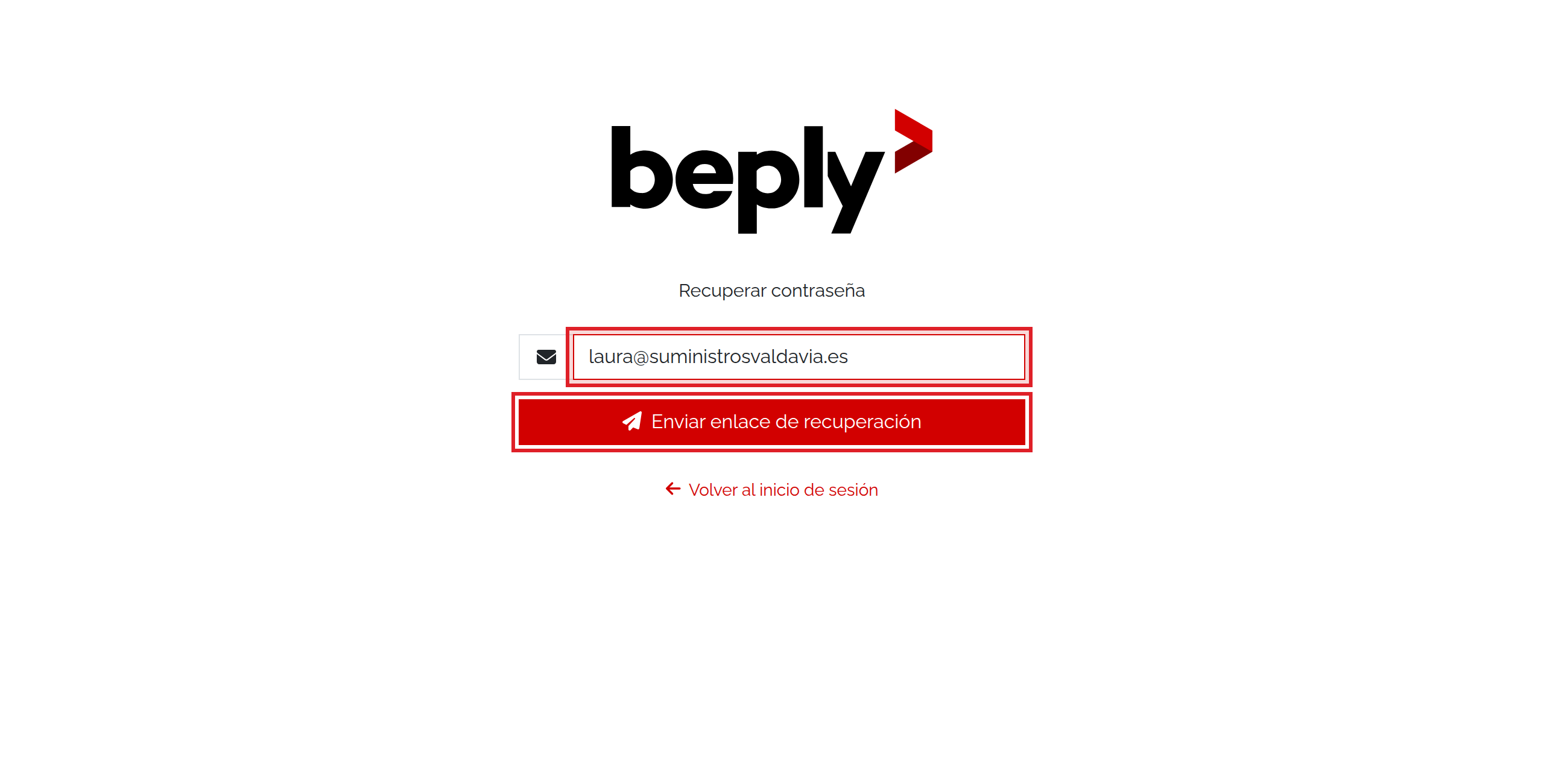 Formulario de solicitud de recuperación de contraseña con campo de correo electrónico y botón de envío en Beply