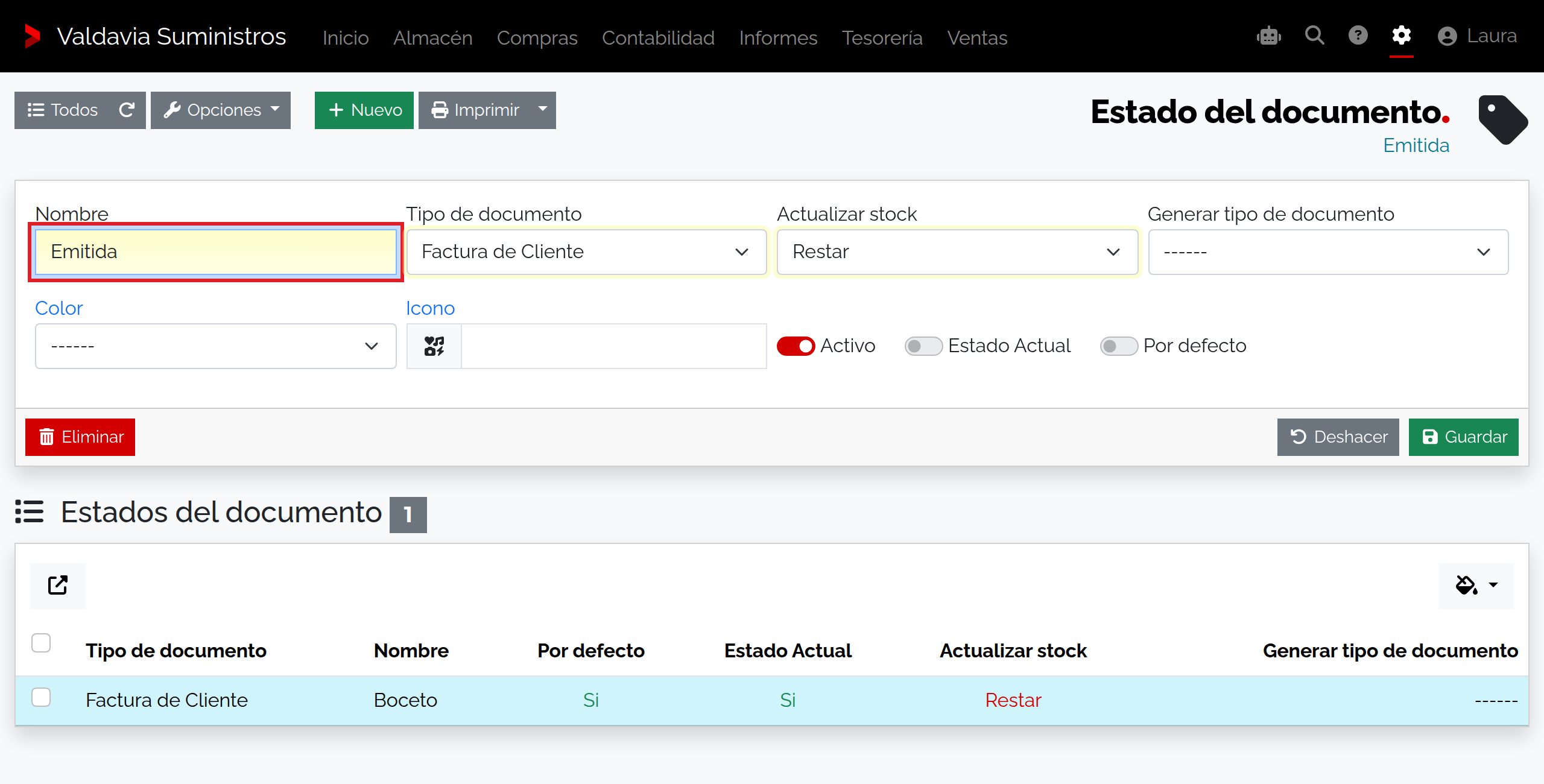 Ficha del estado de documento con el campo Actualiza stock configurado para descontar existencias en Suministros Valdavia SL