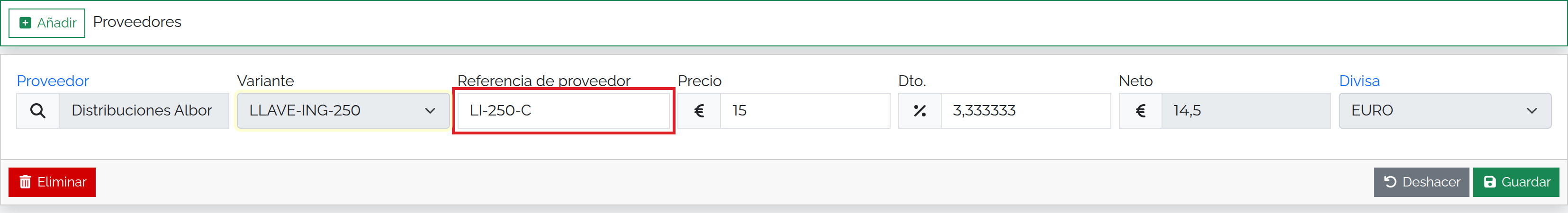 Proveedor Distribuciones Albor asociado a LLAVE-ING-250 con referencia LI-250-C y neto de 14,50 euros.