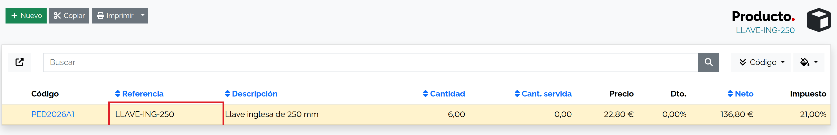 Pedido de cliente con unidades de la llave inglesa reservadas.