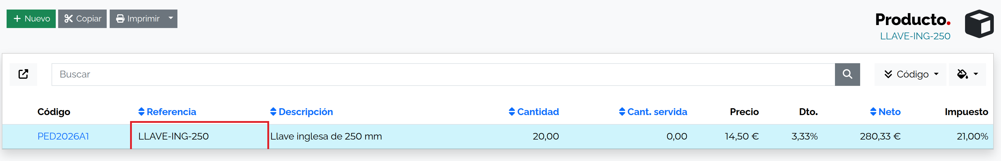 Pedido al proveedor con 20 unidades de la llave inglesa pendientes de recibir.