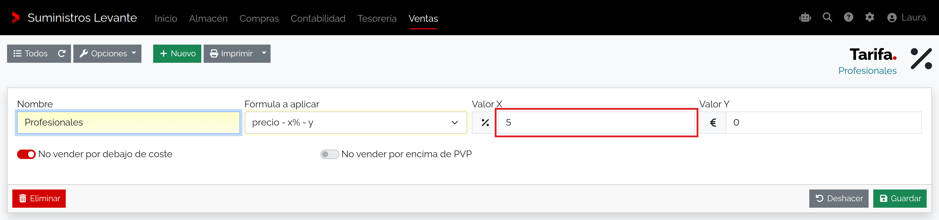 Tarifa Profesionales guardada con descuento del cinco por ciento.