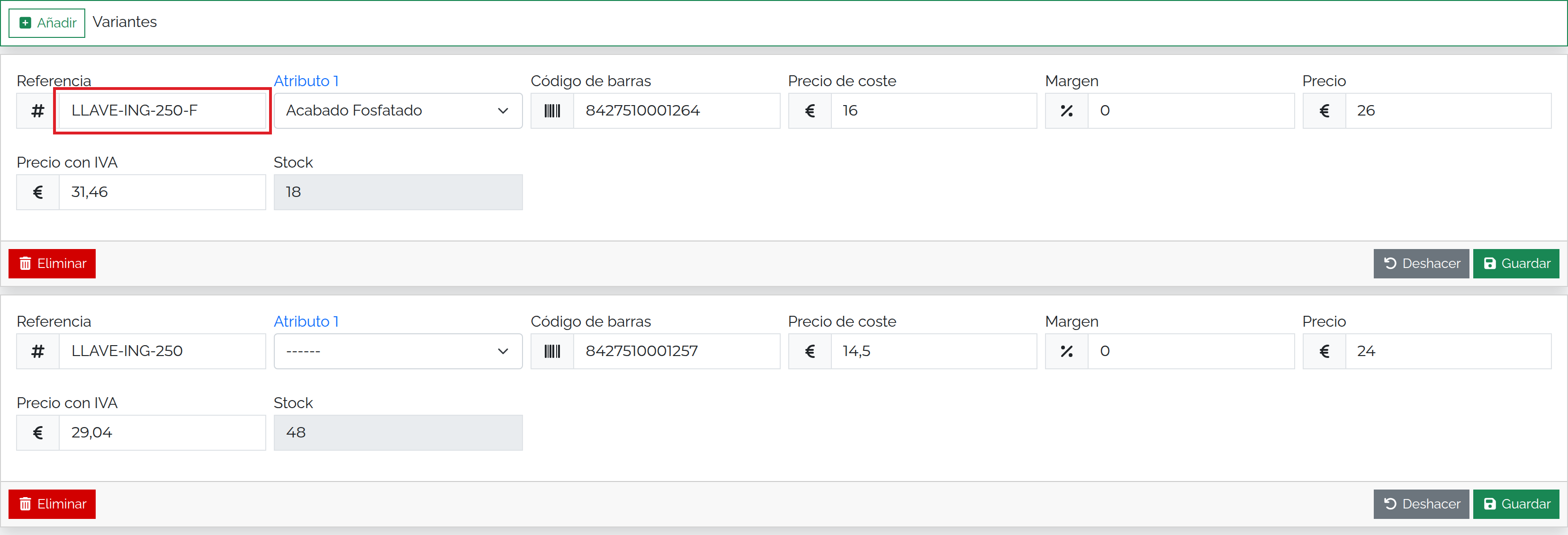 Variantes de la llave inglesa con referencias, acabado y precios propios.