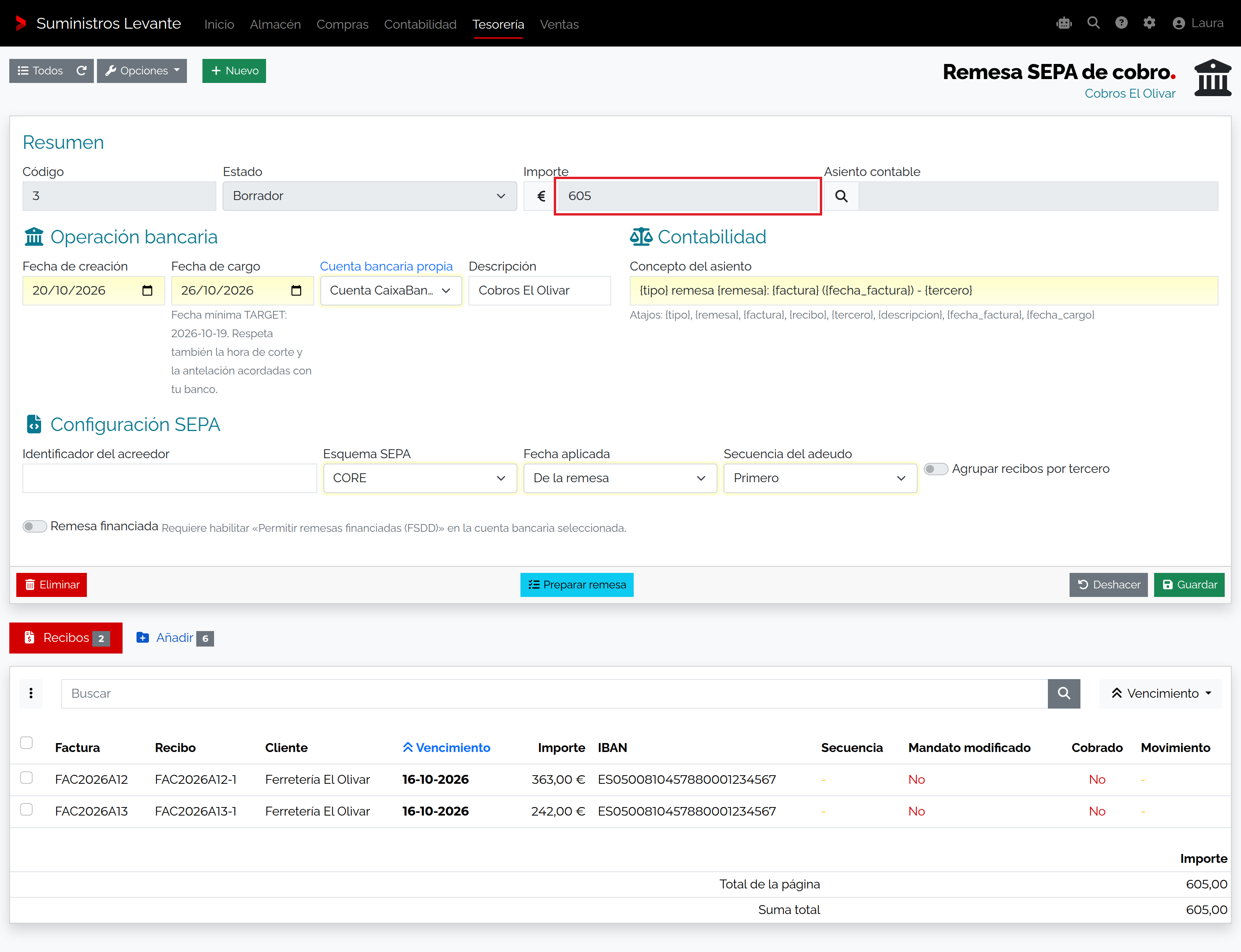 Captura de Crear una remesa SEPA de cobro a clientes