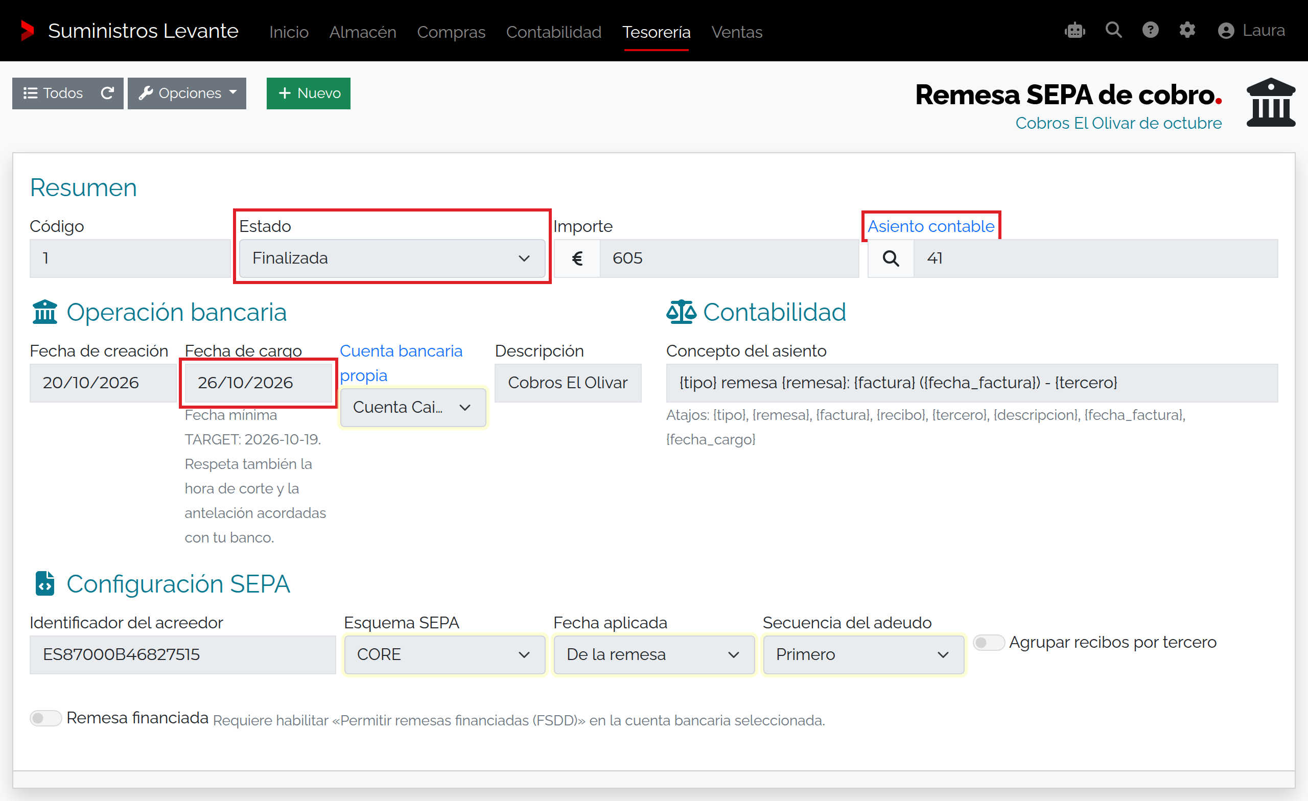 Captura de Finalizar una remesa y comprobar cobros, pagos y asientos
