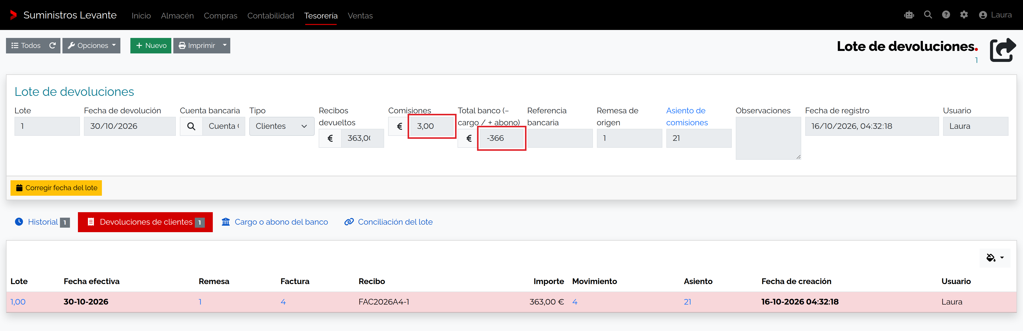 Captura de Gestionar devoluciones de recibos de una remesa