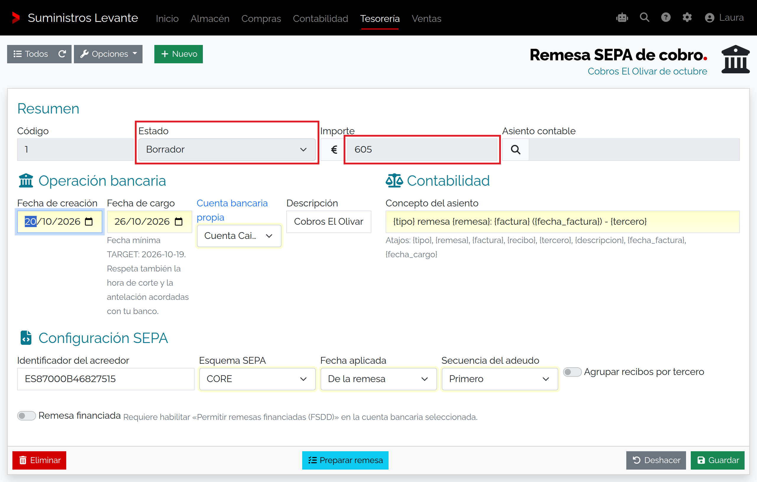 Captura de Rectificar una remesa o eliminar un borrador