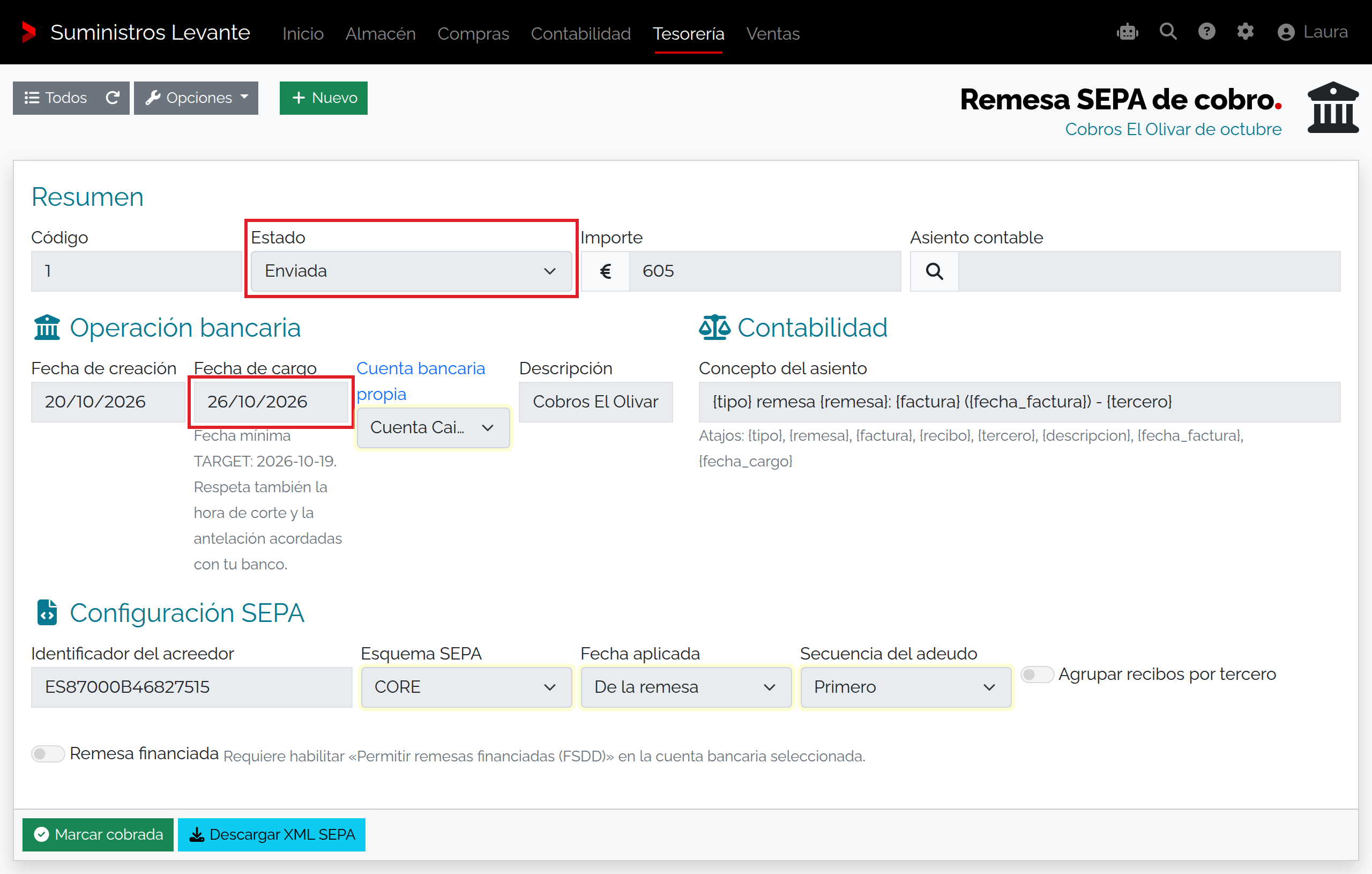 Captura de Preparar y descargar el XML de una remesa
