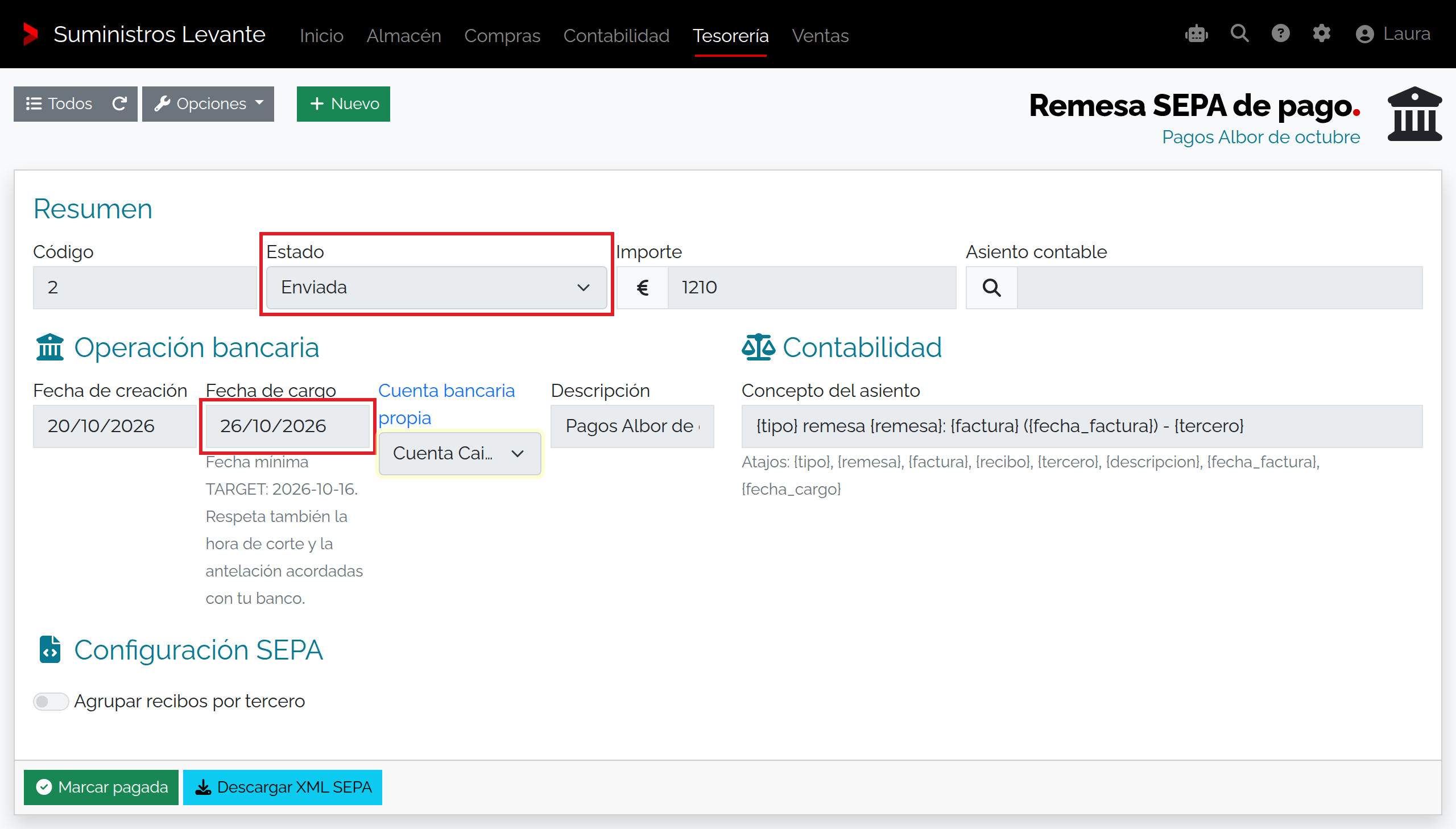 Captura de Preparar y descargar el XML de una remesa