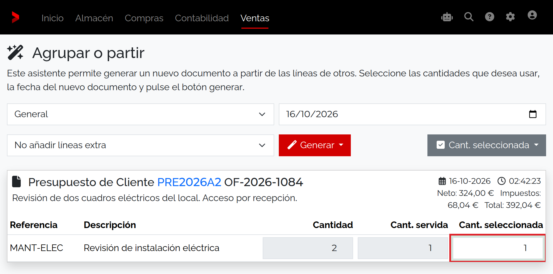 Asistente Agrupar o partir de PRE2026A2: cantidad dos, servida una y pendiente seleccionada una.
