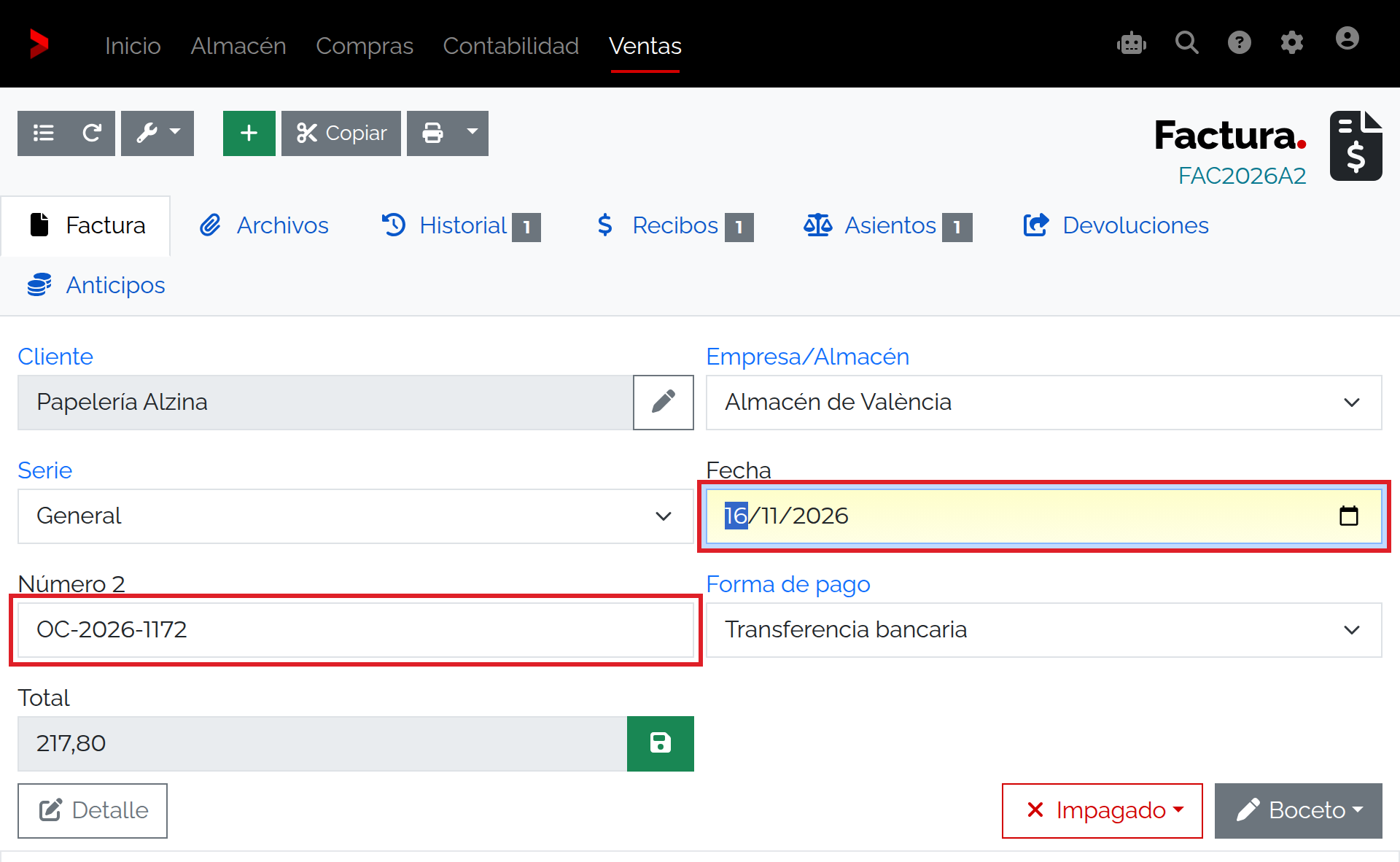 Factura nueva FAC2026A2 guardada en Boceto, con fecha 16/11/2026 y referencia OC-2026-1172.