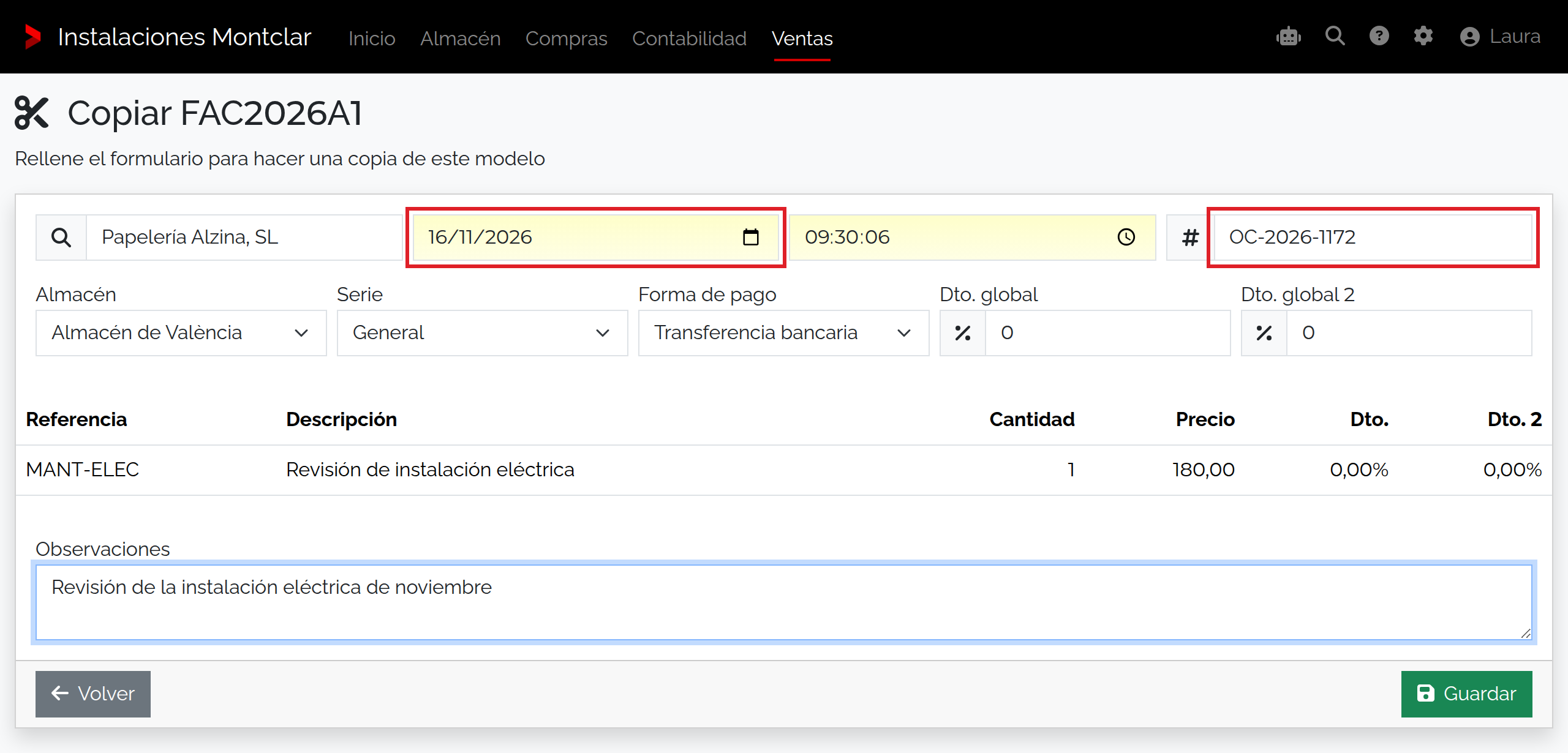 Formulario completo Copiar FAC2026A1 con los datos de noviembre y el servicio MANT-ELEC.