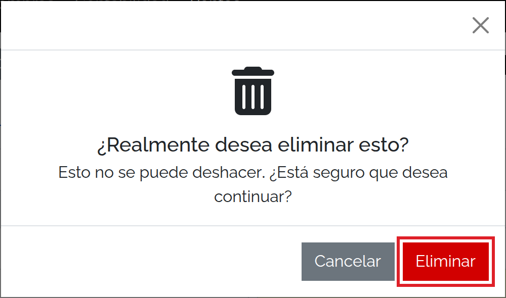 Confirmación de borrado del documento con aviso irreversible y botonesCancelar y Eliminar.