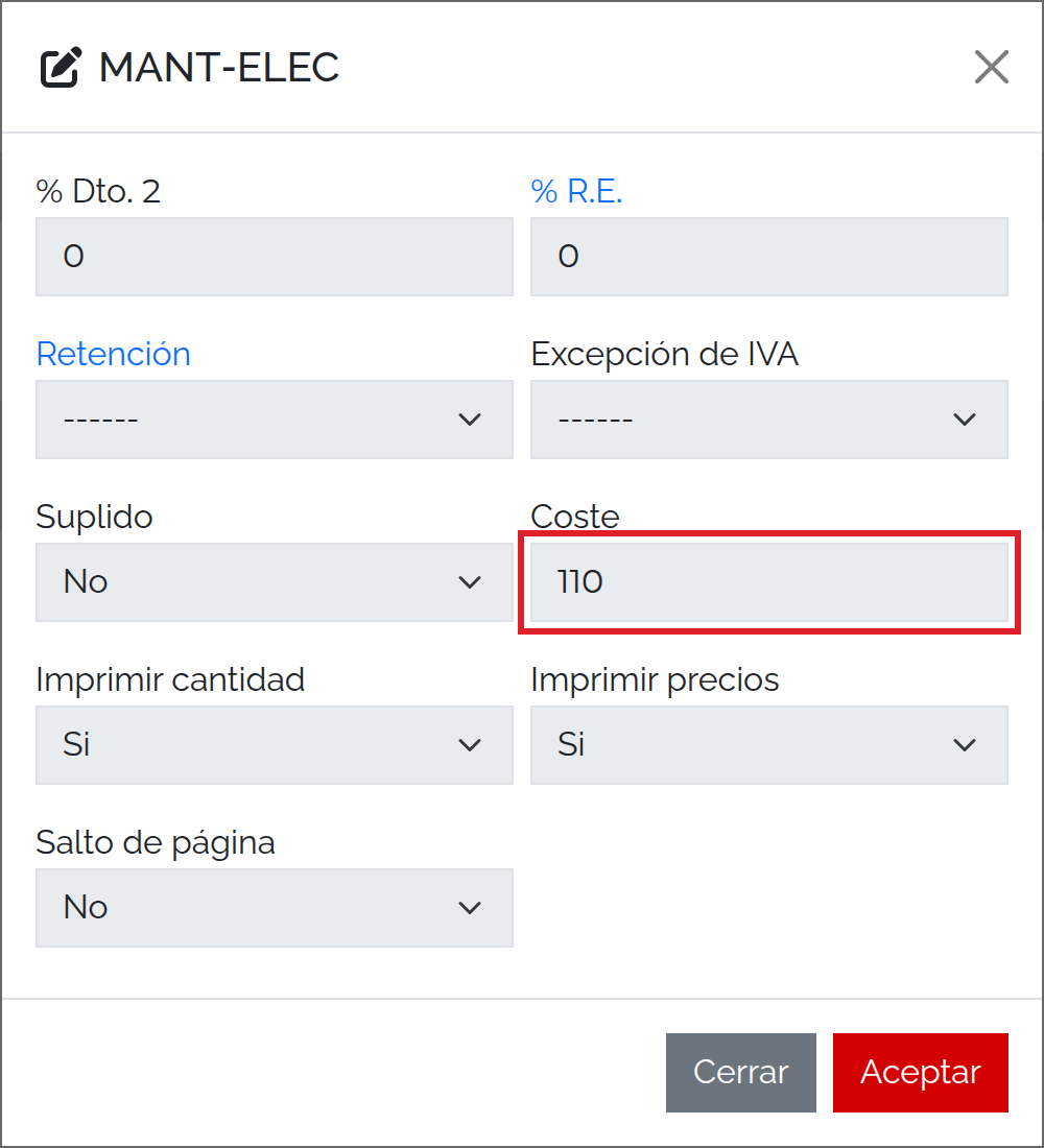 Detalle de MANT-ELEC con coste unitario 110,00 € y sus opciones de impresión.