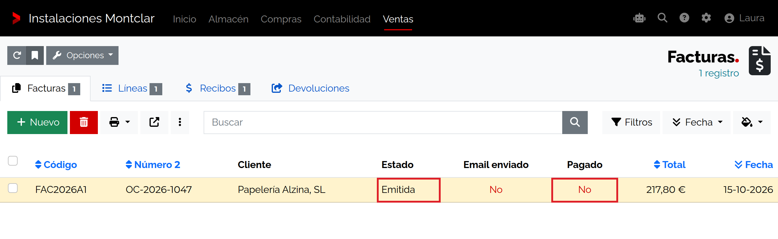 Factura FAC2026A1 con Estado Emitida y Pagado No en el listado de facturas.