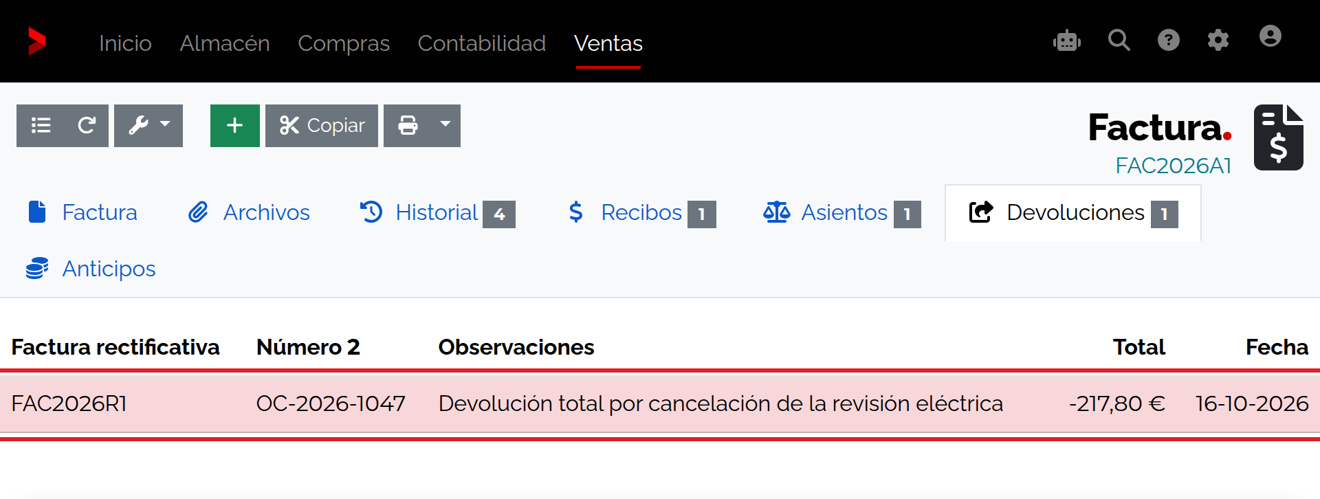 Devoluciones de FAC2026A1 con la factura rectificativa FAC2026R1, fecha 16/10/2026 y total menos 217,80 euros.