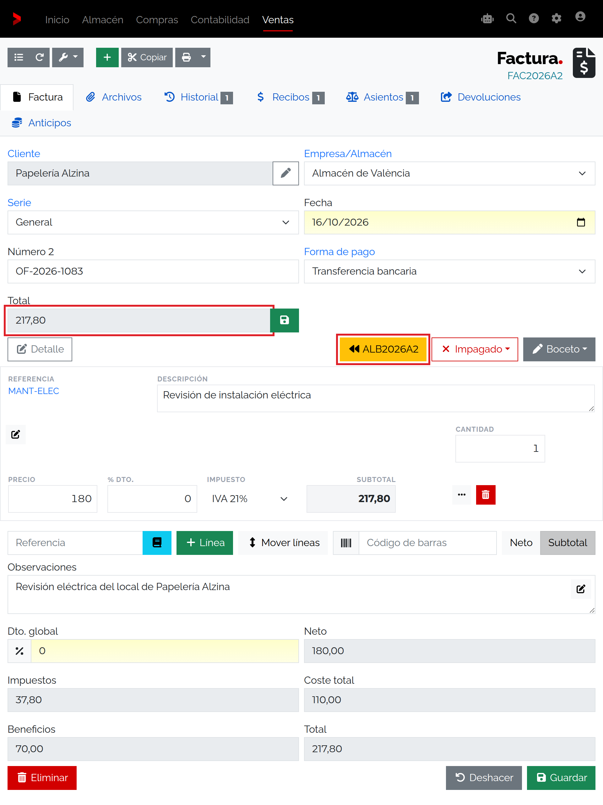 Factura FAC2026A2 relacionada con el albarán ALB2026A2, una unidad del servicio y total 217,80 euros.