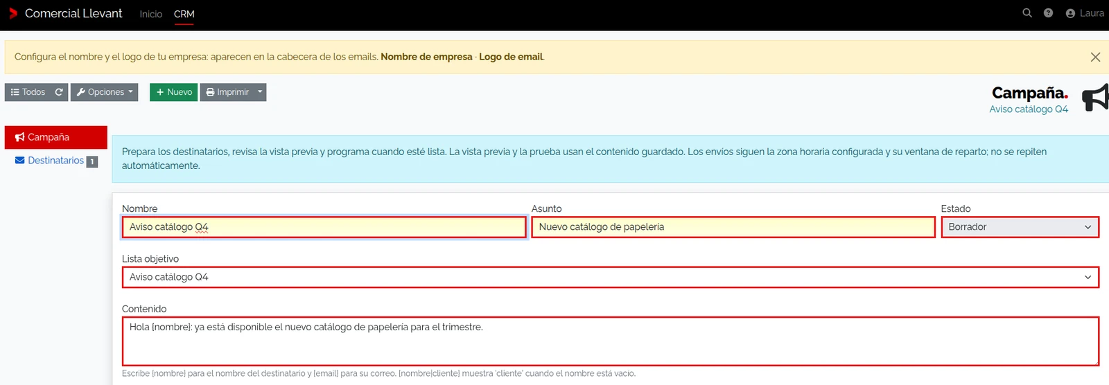 Borrador existente con lista y contenido