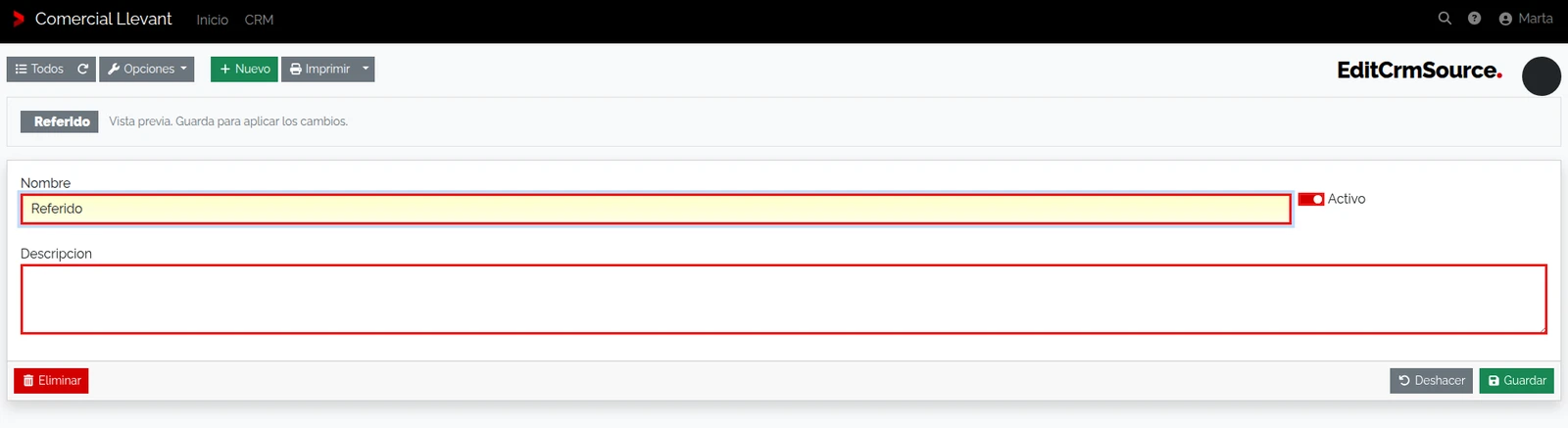 Origen Referido existente, sin guardar cambios