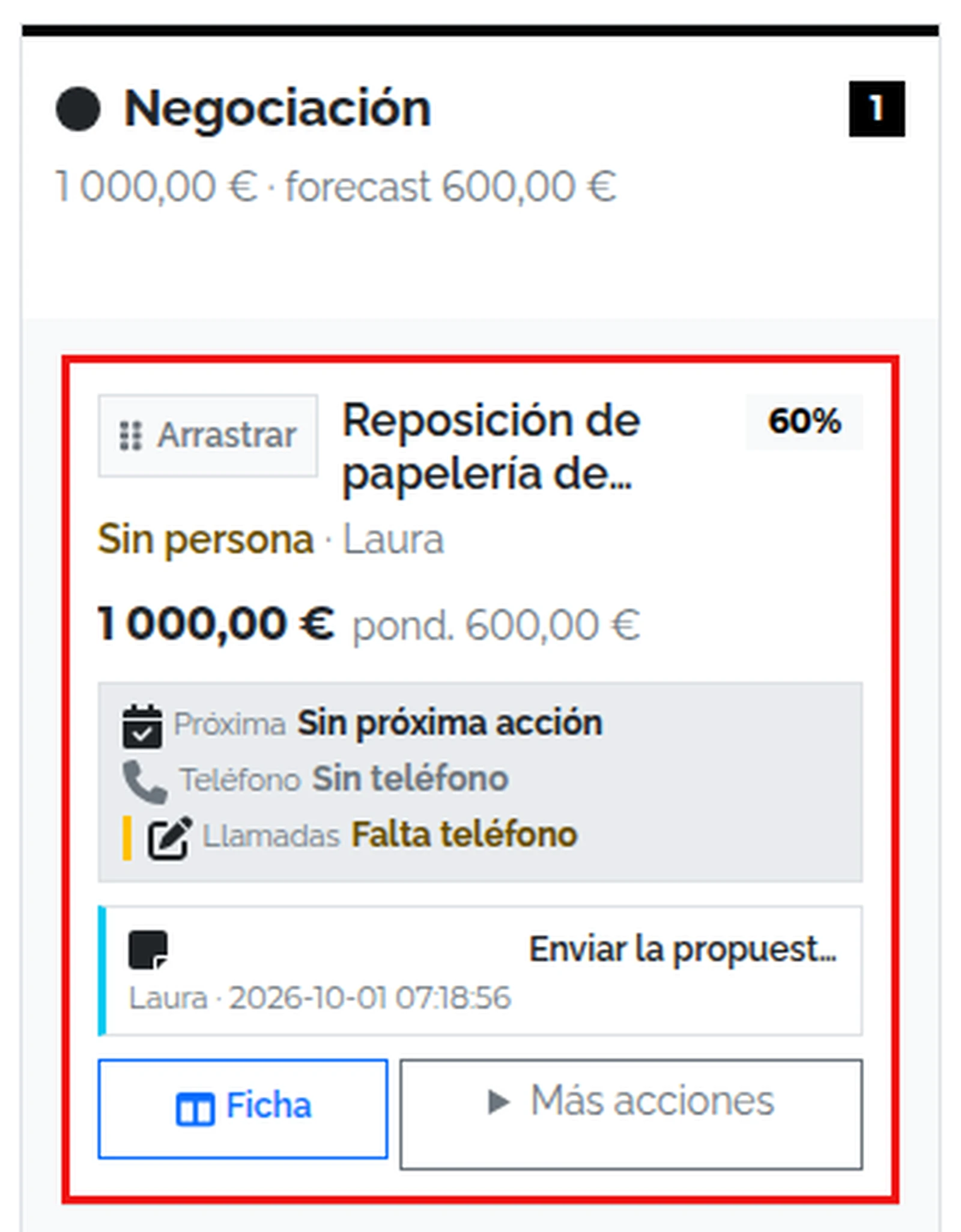 Detalle de la tarjeta en Negociación, con Laura, importe y próxima acción