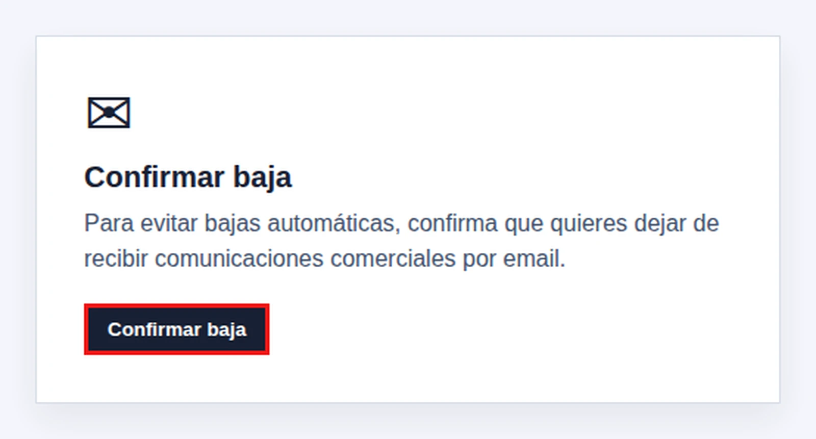 Página pública previa a confirmar una baja; botón sin pulsar