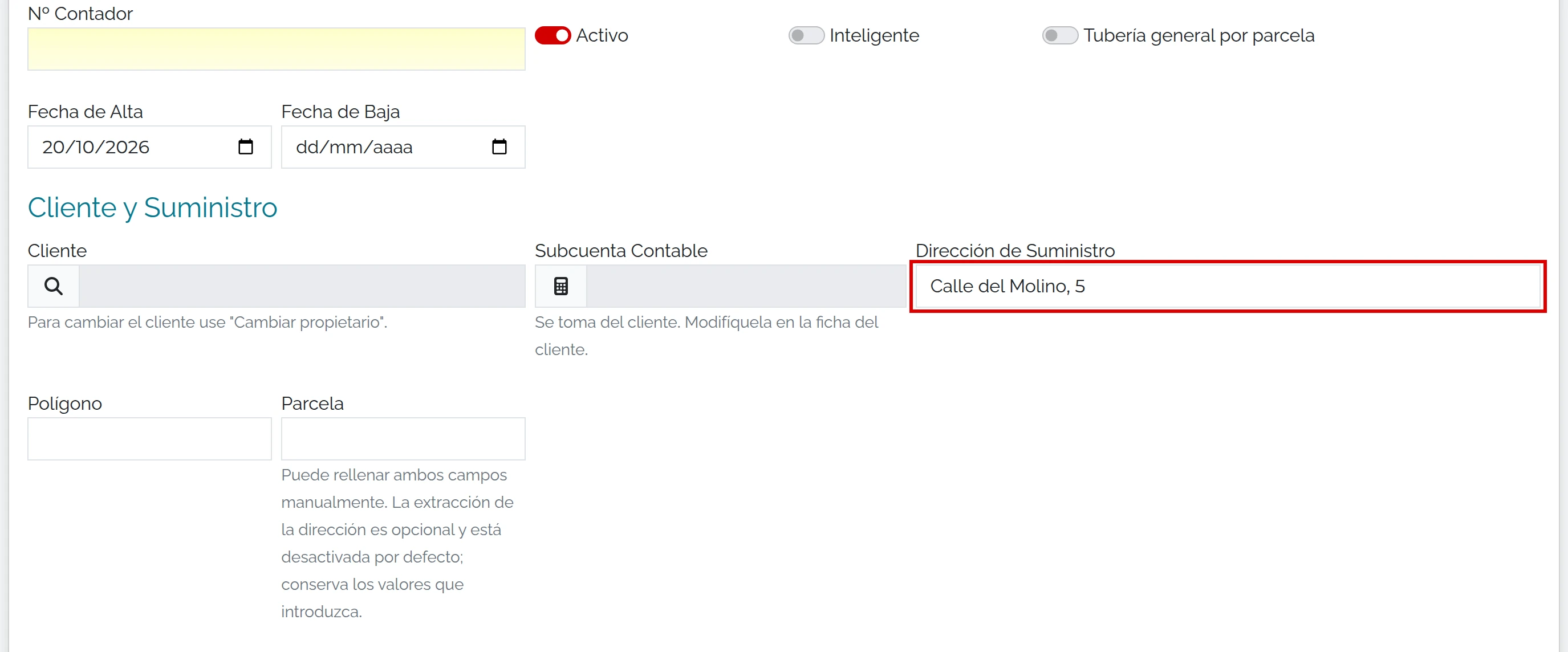 Datos de suministro sin cliente asociado