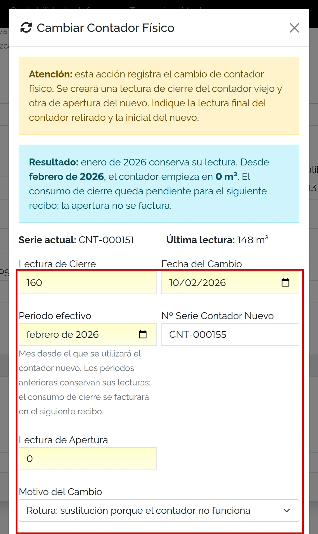 Cambio físico: cierre 160, fecha 10/02/2026, serie CNT-000155 y motivo Rotura