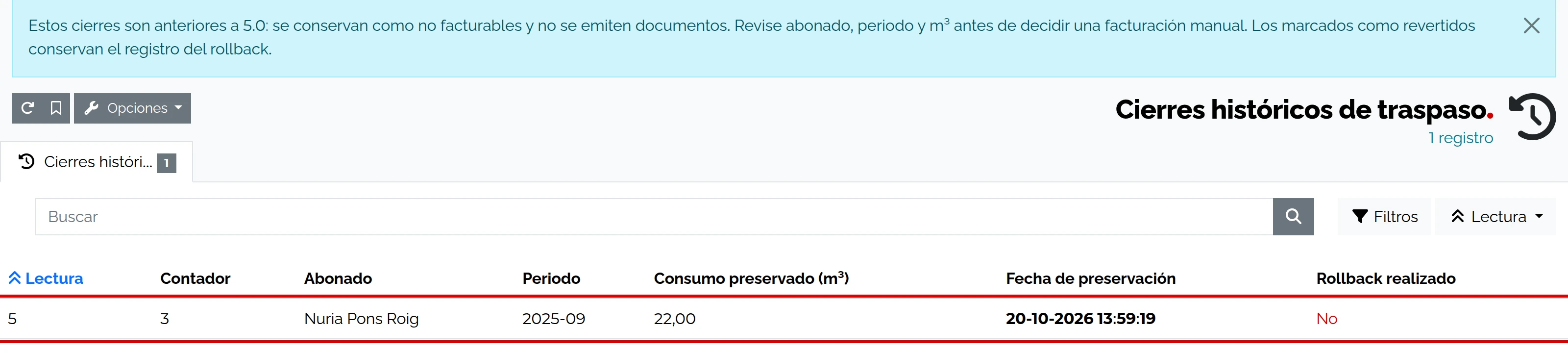 Cierres históricos de traspaso: consulta sin facturación