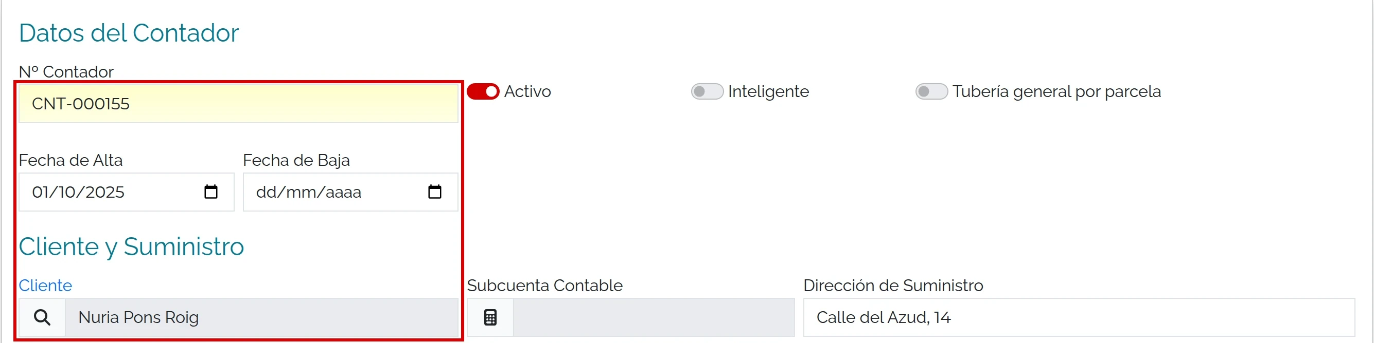 Ficha con la serie CNT-000155 y la titular Nuria