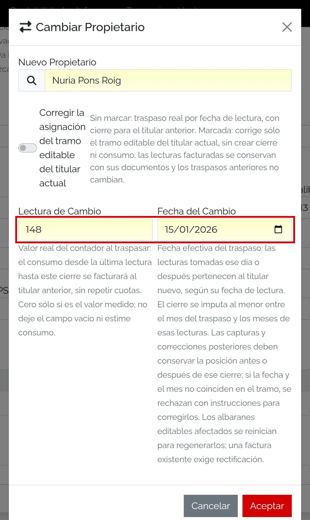 Traspaso a Nuria con lectura 148 y fecha 15/01/2026