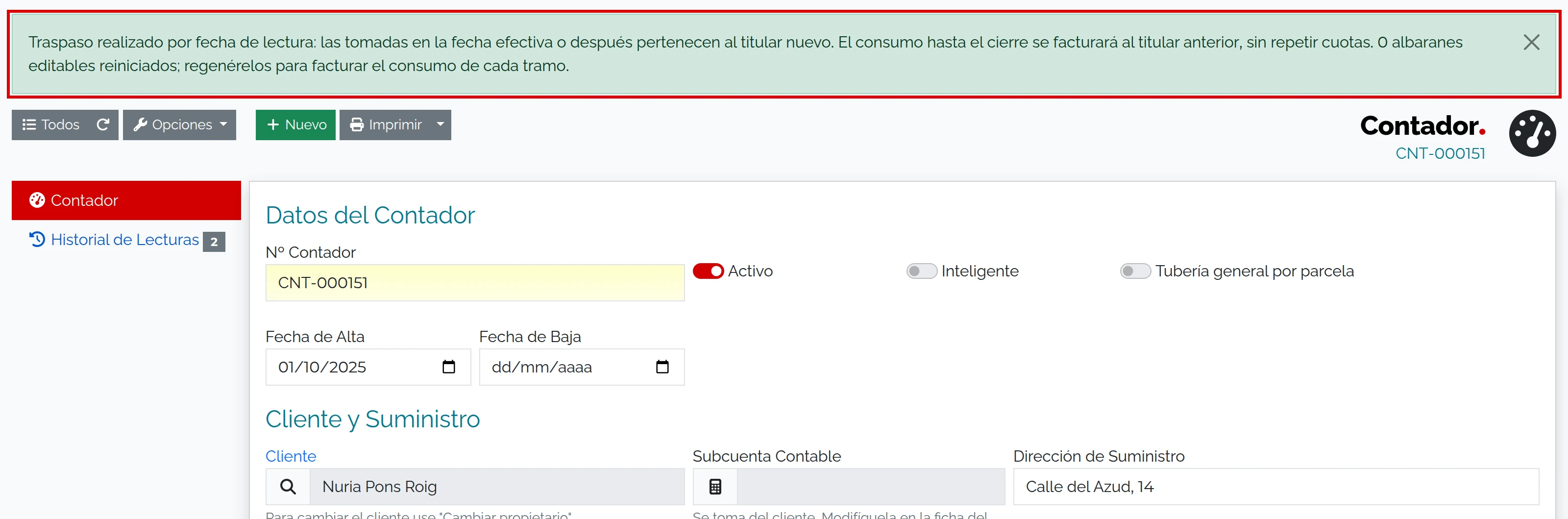 Aviso del traspaso realizado y nueva titular