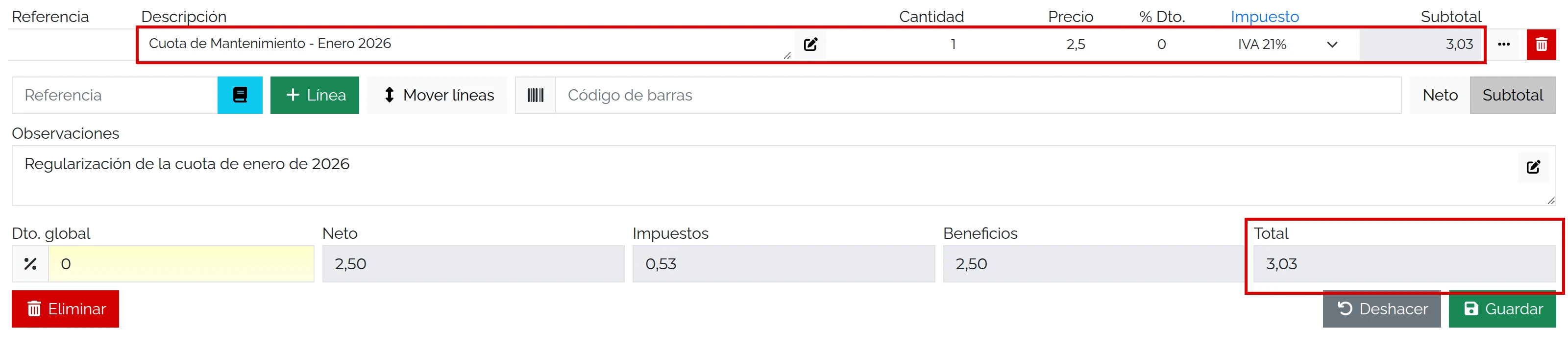 Cuota mensual de 2,50 € y total de 3,03 € tras guardar