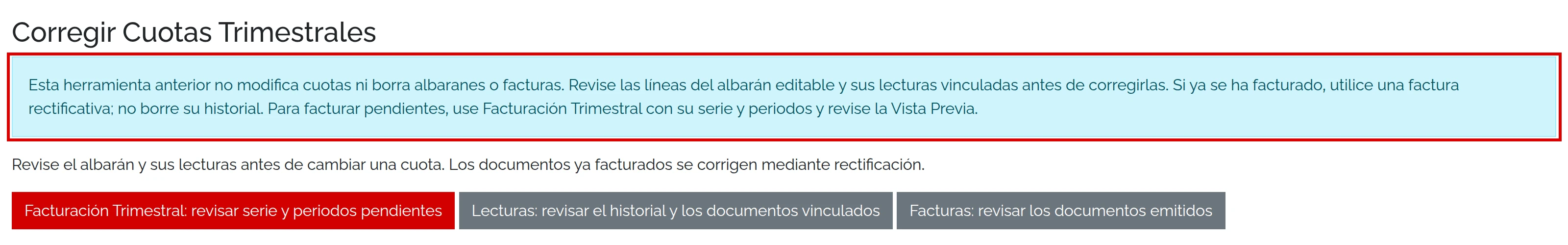 Corregir Cuotas Trimestrales solo muestra un aviso y tres accesos