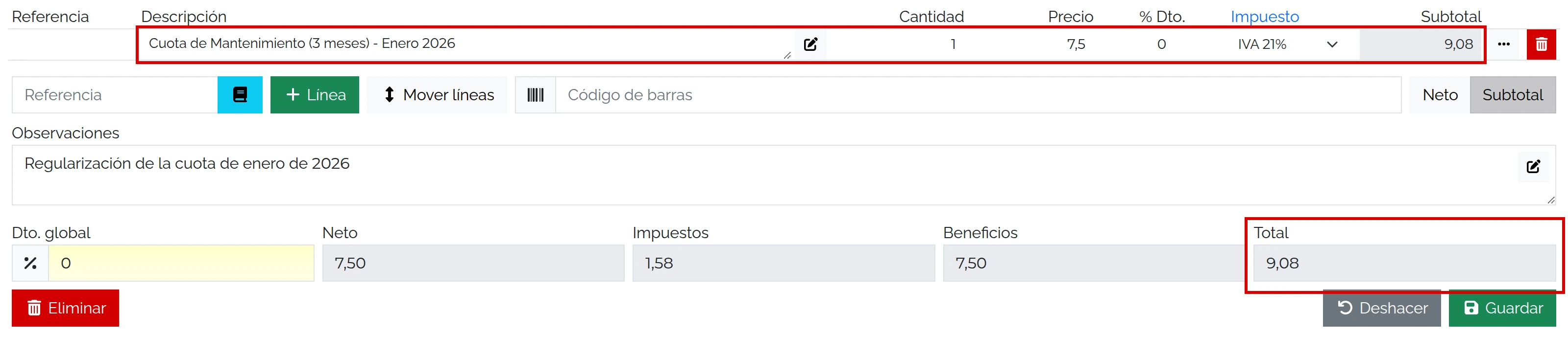 Línea con la cuota de 3 meses a 7,50 € y total de 9,08 €