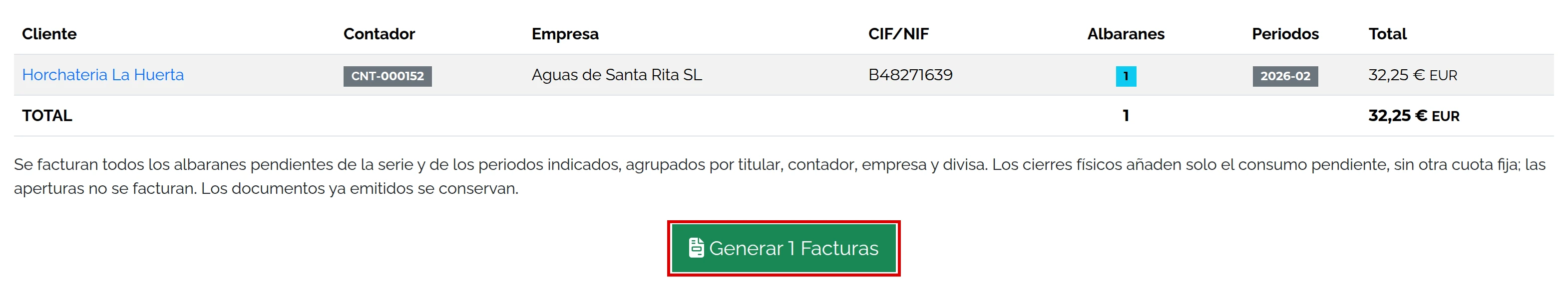 Botón para generar la única factura previsualizada