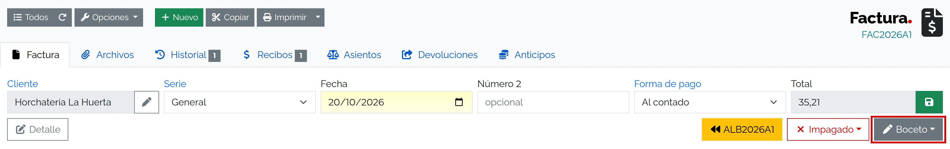 Ficha de la factura de Horchateria La Huerta en Boceto