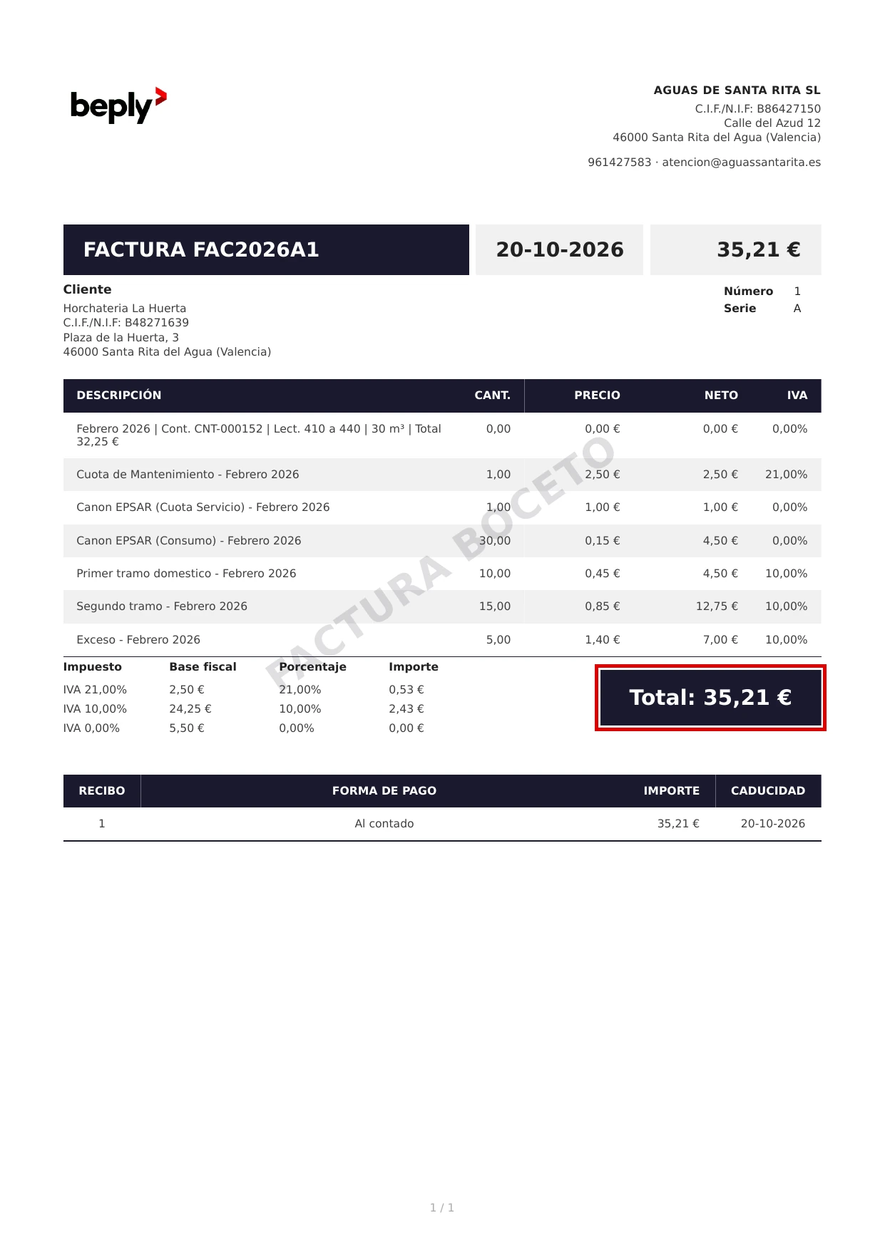 PDF de febrero con diseño Beply y total de 35,21 €