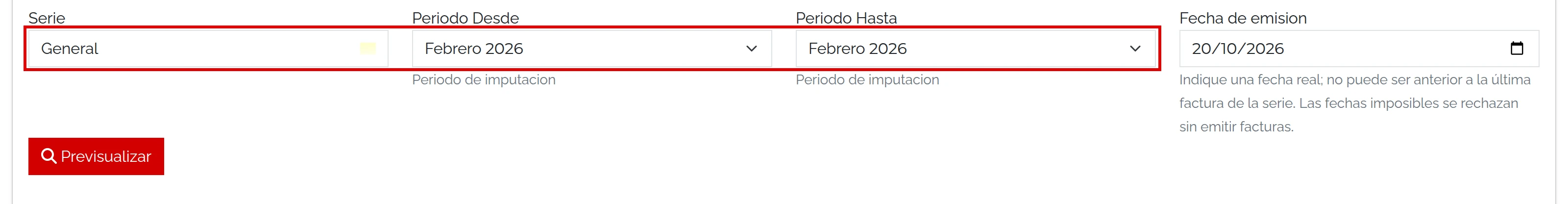 Filtros: serie General, febrero de 2026 y fecha de emisión